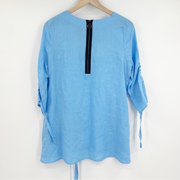 IC by Connie K Blue 100% Linen Drawstring Ruched 3/4 Sleeve Tunic Blouse Medium - Picture 8 of 9